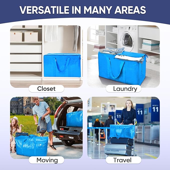 TICONN 6 Pack Extra Large Moving Bags with Zippers & Carrying Handles, Heavy-Duty Storage Tote Moving Boxes for Space Saving (6 Pack, Sky Blue)
