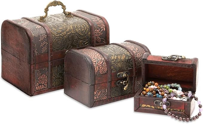 Juvale Wooden Treasure Chest Set - 3 Nesting Boxes, Brown Floral - Decorative Storage & Jewelry Box with Hinged Lid, Vintage Antique Decor