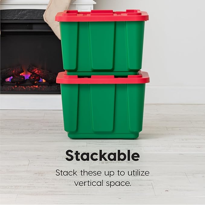 IRIS USA 12 Gallon Heavy Duty Holiday Storage Bins with Lids, 4 Pack - Made in USA, Tough Snap On Lockable Lid Stackable Industrial Rugged Tubs, Garage Organization, Reusable Box - Green/Red