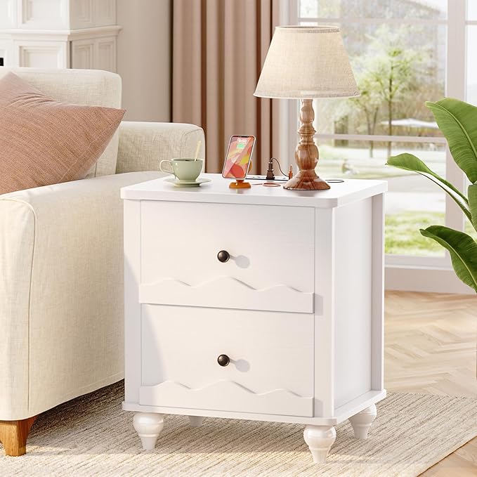 Cyclysio Nightstand with Charging Station, Side End Table with 2 Drawers, Modern Wood Night Stand with Scalloped Pattern for Bedroom, Bedside Night Tables with Solid Wood Gourd Legs