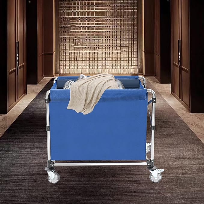 Commercial Laundry Cart with Wheels,Folding Laundry Hamper Cart,Heavy Duty Rolling Basket with Large Capacity, Sorter Trolley for Home Hotel Apartment (Blue, 34.25 * 20.47 * 30.7in)