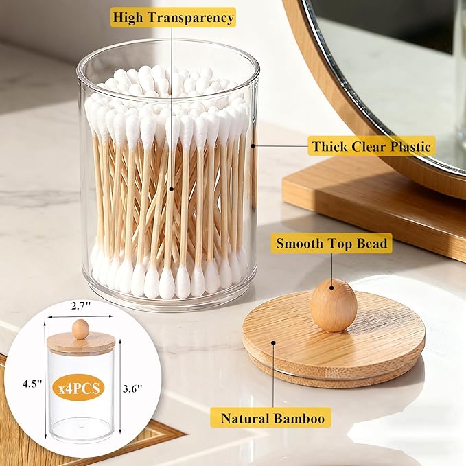 6 Pack Clear Stackable Storage Drawers & Qtip Holder Dispenser with Bamboo Lids, Clear Plastic Storage Containers for Bathroom, Vanity, Undersink, Kitchen Cabinets, Pantry, Home Organization