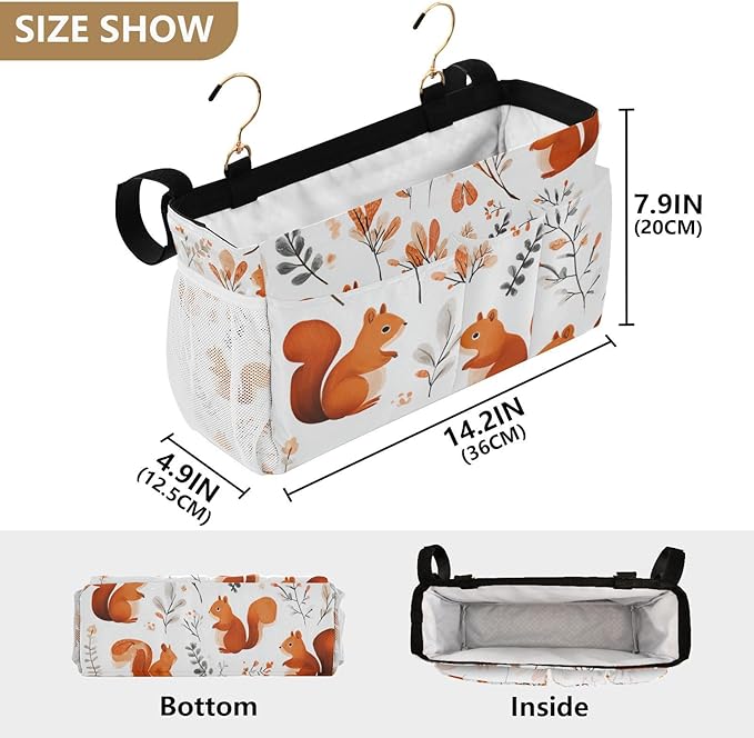 Squirrels and Fall Leaves Bedside Caddy for Dorm Bed Bedside Hanging Caddy Bag Iron Frame Storage Organizer Pocket for Bunk Home College Hospital Beds 2 Hooks