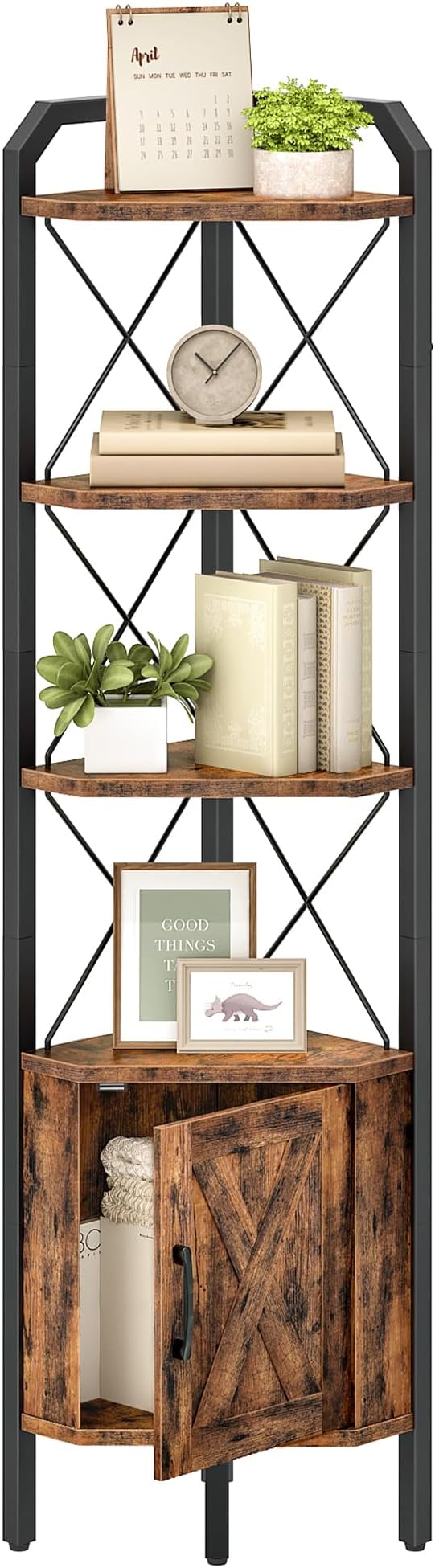 62.2" Corner Shelf with Cabinet, 4-Tier Tall Corner Bookshelf with X-Shaped and Diamond Design, for Living Room, Bedroom, Bathroom Storage, Rustic Brown and Black