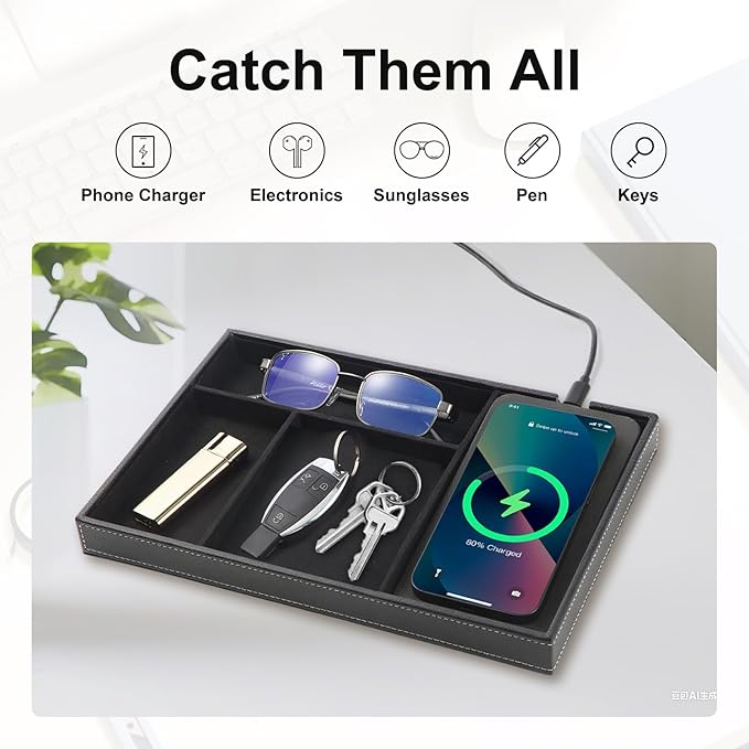 TopMade Valet Tray with Wireless Charging Pad Nightstand Organizer, Leather Desktop Storage Dresser Organizer Charging Station, Jewelry Box Catchall Bedside Vanity Tray for Men Women(Black)