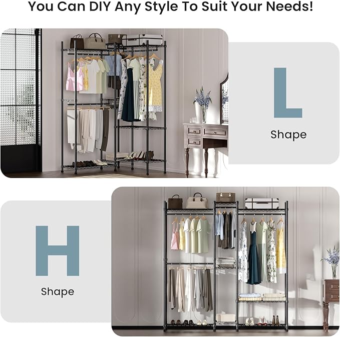 Garment Rack Heavy Duty Clothes Rack Adjustable Freestanding Metal Portable Wardrobe Closet Rack with Shelves for Hanging Clothes - 72" L x 14" W x 75" H, Black