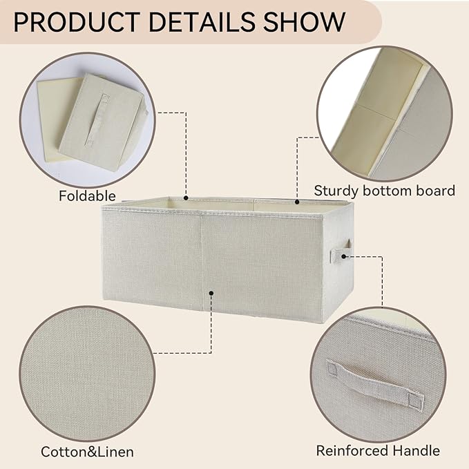 3 Pack Linen Storage Baskets with Handle,Large Foldable Closet Storage Bins for Shelves,Toys,Sheets,Clothes,18"×11"×8",Beige
