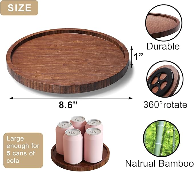 Lazy Susan Organizer for Kitchen,Bamboo Turntable for Cabinet,Pantry,Vanity,Small（Brown）