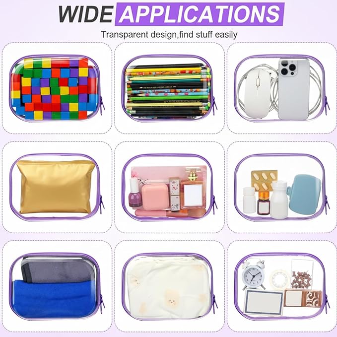 Sanwuta 6 Pcs Clear Hard Zipper Case Hard Plastic Zipper Pouches Transparent Makeup Bag Pencil Pouches for Travel Snacks Christmas Trinket Storage Organizer Box(Purple,7.87 x 5.9 x 2 Inch)