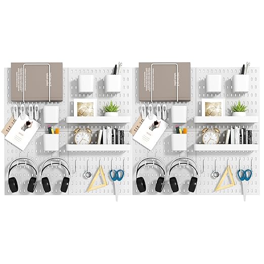 Peg Board Combination Kit, 8 Pegboards with 40 Accessories, Pegboard Wall Organizer for Office, Nursery & Home Storage, Key Holder, 51.2"x25.6" – Nail-Free Installation（White）