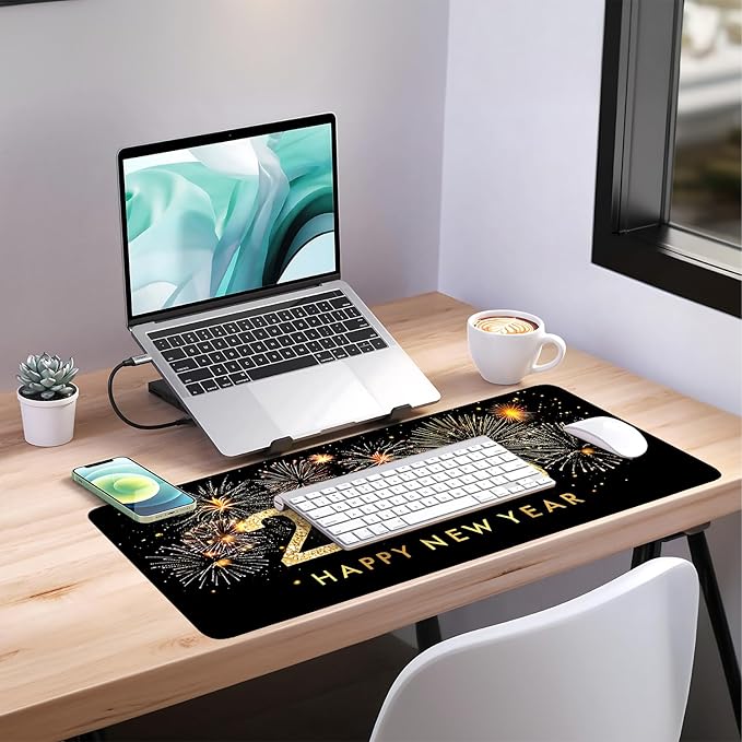 2026 Happy New Year Gaming Mouse Pad 35.4"x15.7"Desk Mat Anti-Slip Rubber Base & Durable Stitched Edges for Gamers Smooth Mouse Writing Surface for Desk Office/Home