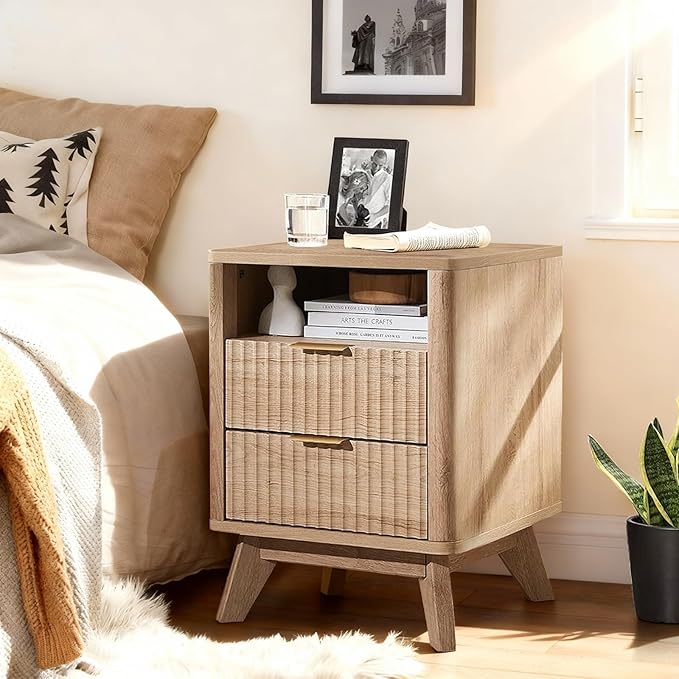 Fluted Nightstand - 24" Modern Bedside Table w/ 2 Drawers, Wood Bed Side End Table with Open Shelf, Night Stand with Storage Drawer, Curved Design Night Stands for Bedroom Living Room (Nature)