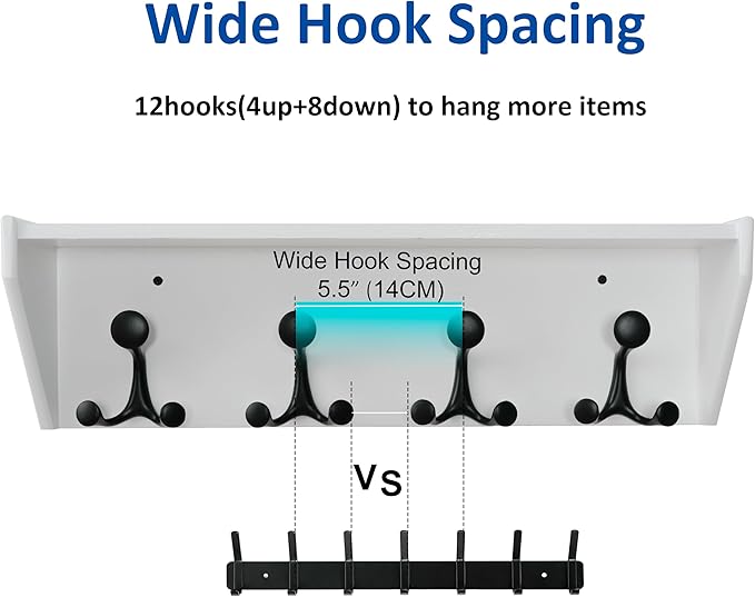 WEBI Wall Shelf with Hooks Underneath,24” Long Wall Mounted Coat Rack with Shelf,Entryway Coat Rack with 4 Triple Hooks for Hanging Coats,Jacket,Hallway,Bedroom,Mudroom,White