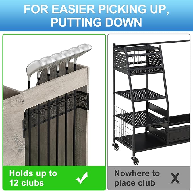 Golf Bag Storage Organizer for Garage, Premium Wooden 2 Golf Bags Rack with Drawer, Easy Assemble Golf Club Stand/Holder Suitable for Garage Home Simulator and Office