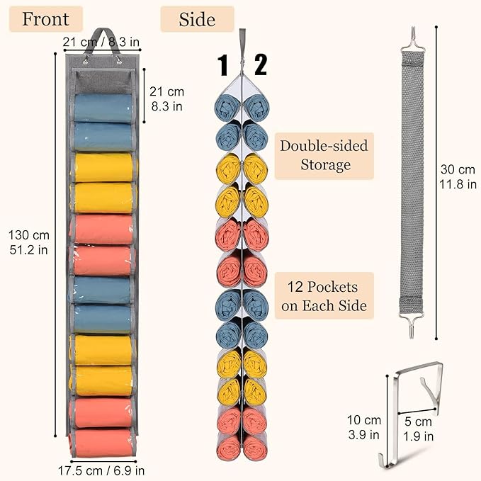 Lirex 8-Pocket Hanging Purse Organizer and 24 Pockets Scarf Organizer Bundle, Legging Storage Organizer for Closet, Grey