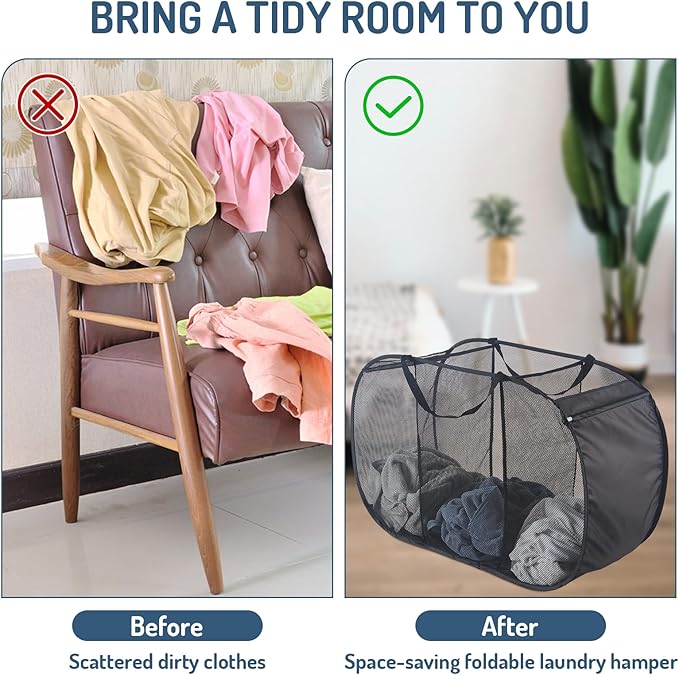 Mesh Popup Laundry Hamper 3 Compartment Sortable Horizontal Collapsible Laundry Basket for Clothes Laundry Room Bedroom Toys Travel (Black)