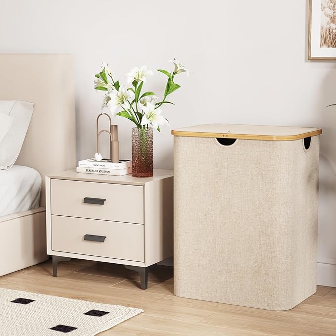 Lifewit 120L Large Laundry Hamper with Lid, Foldable 2 Section Laundry Basket with Bamboo Handles and Removable Bags for Laundry Room, Bathroom, Bedroom, Beige
