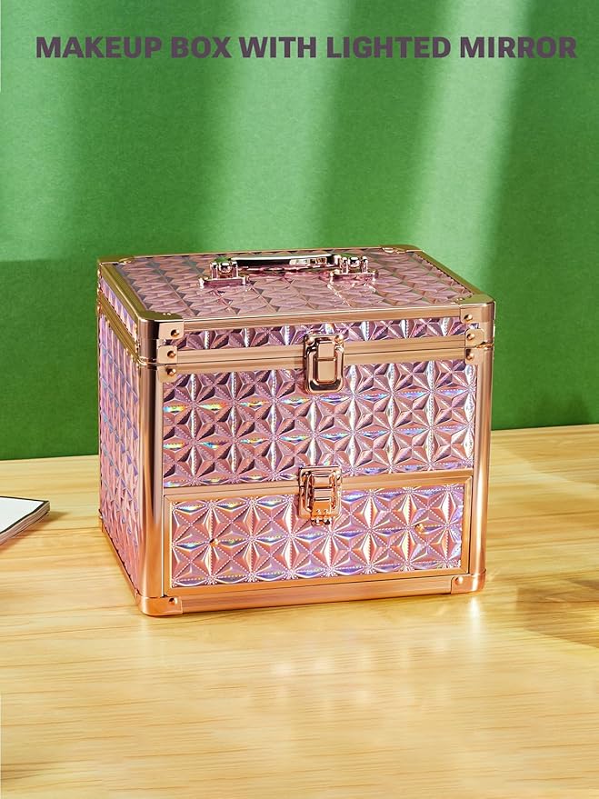 Qislee Makeup Box with Drawer and A Detachable Lighted Mirror, Waterproof Travel Train Case, Cosmetic Organizer and Makeup Suitcase with Adjustable Dividers, Magnetic LED Mirror (Sparkling Pink)