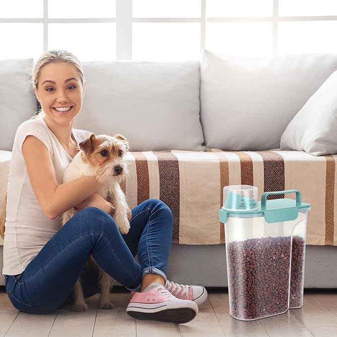 5-7Lbs Cat Dog Storage Container, Portable Pet Food Containers with Upgraded Large Spout and Cup, Small Animal Kibble Dispenser for Bird Seed, Oatmeal, Rice, Flour (2, Pink+Lake Blue, 5L)