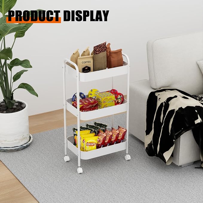3-Tier Metal Utility Rolling Cart, Multi-Functional Storage Trolley for Office, Living Room, Kitchen, Movable Storage Organizer with Wheels, White