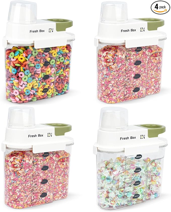 Cereal Storage Container 4Pack,61oz/1.8L Airtight Food Storage Containers With Lids,Organizers Storage With Measuring Cup for Beans,Sugar,Rice,Nuts,Snacks,Dog Cat Pet Food,Candy