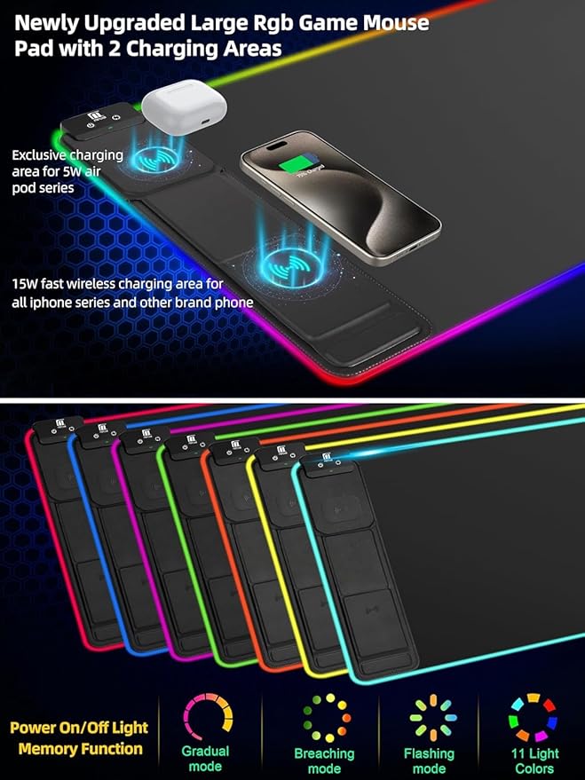 XXL Mouse Pad with Phone Holder, RGB Desk Mat with 15W Fast Charging, LED Large Gaming Mouse Pad with 11 Lights Colors, Long Mouse Pads, Waterproof Non-Slip Desk Pad for Gamer Esports Pros