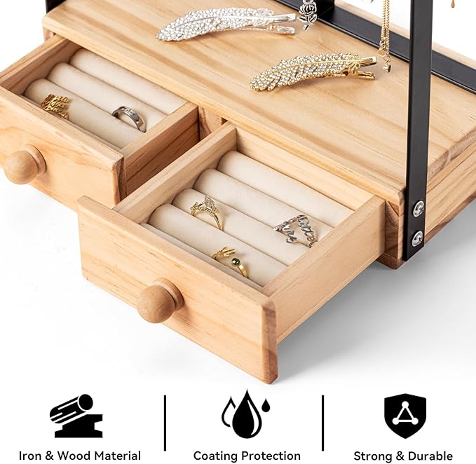 DreamGenius Jewelry Organizer Stand with 2 Velvet Ring Holder Drawers, 5 Tier Jewelry Holder Organizer with 11 Hooks for Necklaces and 145 Holes for Earrings, Black
