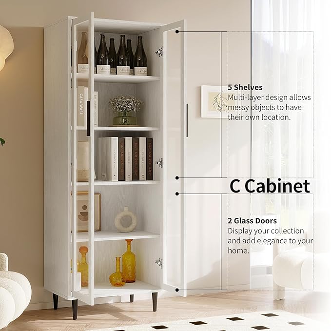 TUSY 70.9“ H Bookcase with Doors, 6-Tier Bookshelf with Open Shelf, Display Curio Cabinet with Glass Door, Narrow Display Bookcase for Home, Office, Clinic, Pantry (White)