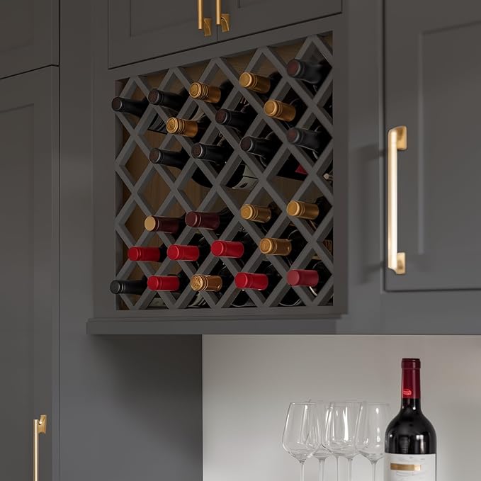 Solid Wood RTA Wine Bottle Rack Wall Cabinet With Lattice Panels - Holder Storage for Bar, Pantry, or Cellar - Mocha Finish Countertop Solution (Pebble Gray, 24"W 12"D 30"H)