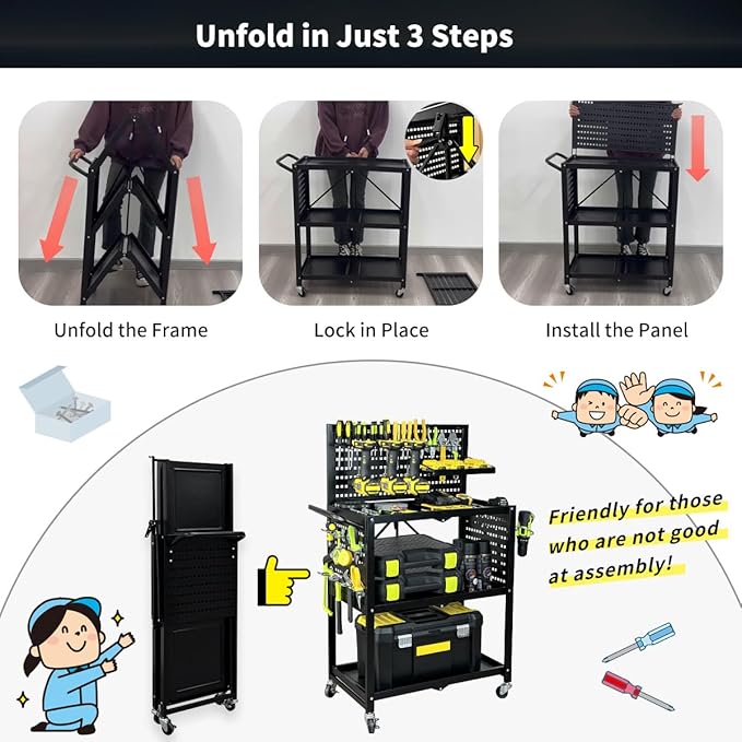 Lumizone Foldable Tool Cart with Wheels Rolling Utility Service Cart with Pegboard for Power Tool Organization Garage Organizer Storage on Wheels Heavy Duty Folding Design (Tool Cart)