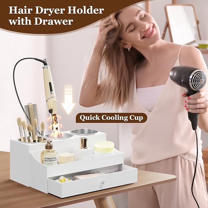 Acrylic Hair Dryer Holder with Drawer, Bathroom Organizer Countertop Drawers with 3 Stainless Cups, Makeup Vanity Accessories, Hair Hot Tools Organizer, Toiletry, White