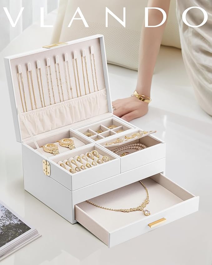 Vlando 3 Layer Jewelry Box - Women Jewelry Box with Retractable Tray - Jewelry Organizers with Drawer for Necklaces, Rings, Bracelets, Earrings, Gift for Couples Mom Girls - White