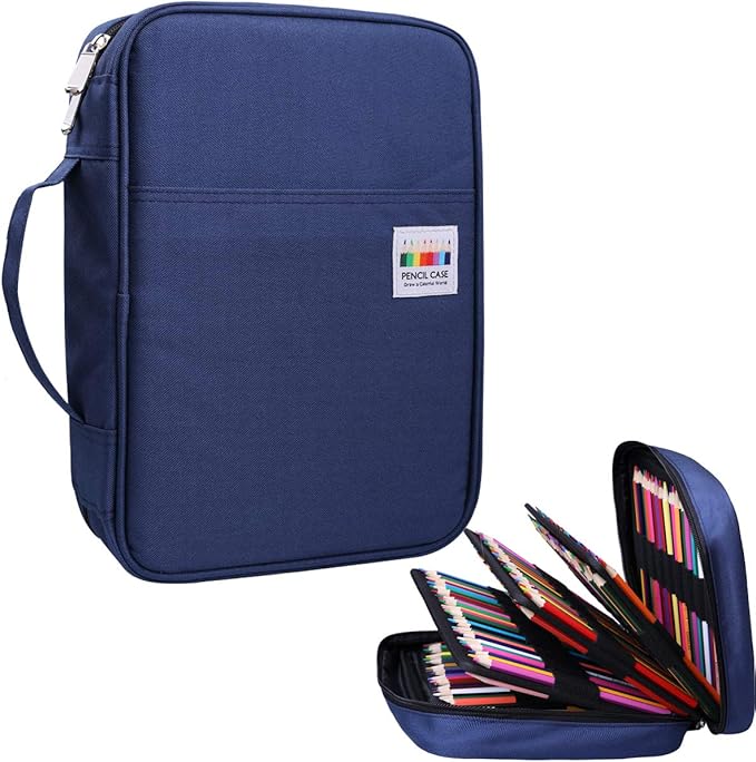 JAKAGO 220 Slots Colored Pencil Case Large Capacity Pen Holder for Artist Painter Zipper Organizer Bag for Marker Highlighter Storage Case for Office Sketch Travel Supplies (Blue)