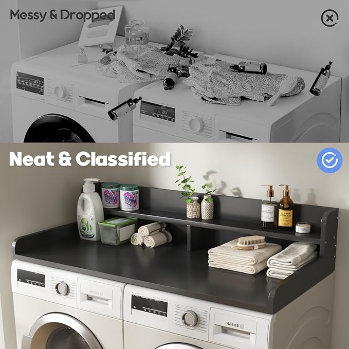 2-Tier Washer and Dryer Countertop with 2.75" H Guard,54" W x 27.5" D Laundry Countertop Cover with Non-Slip Pad,Large Space Laundry Topper for Folding Clothes Over Washer and Dryer-Black