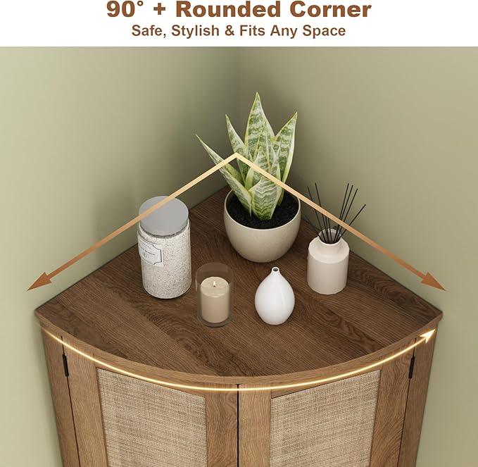 Tall Corner Cabinet, 64.7" Rattan Corner Storage Cabinet with 4 Doors and 5 Storage Shelves, Farmhouse Space Saver, Boho Shelf for Living Room, Kitchen, Bathroom, Office