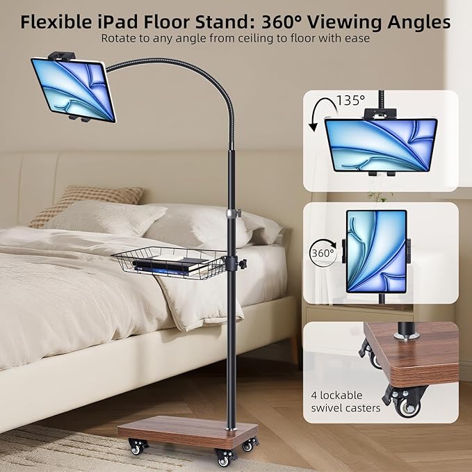 wishacc Adjustable Floor Tablet Stand with Rolling Base, Flexible Gooseneck Mount, Wood Platform, Mobile Device Holder for Indoor Use