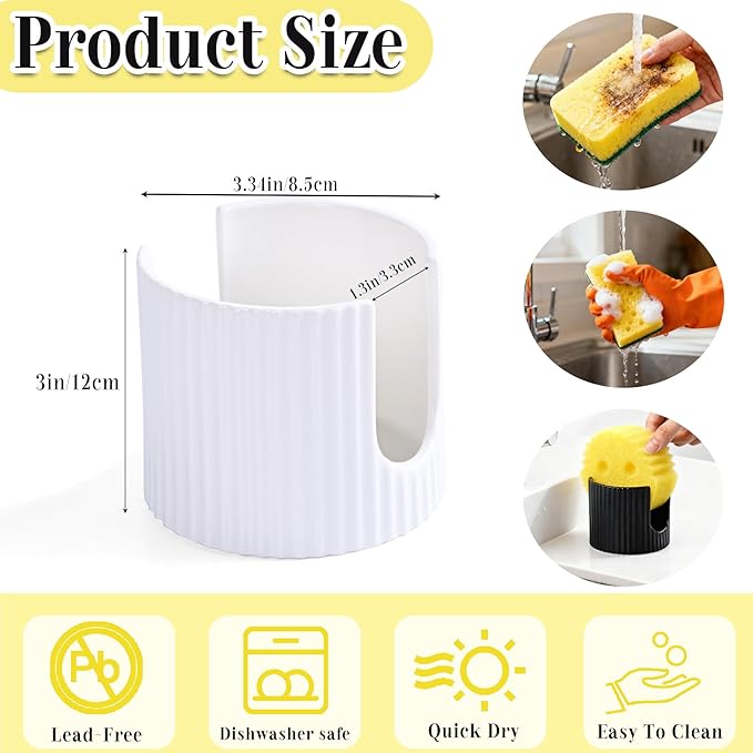 Ceramic Sponge Holder for Kitchen Sink - Dishwasher Safe Porcelain Dish Sponge Caddy Minimalist Vertical Stripes, Scrub Daddy Drying Rack for Countertop, Bathroom, Kitchen Sink Organizer, White