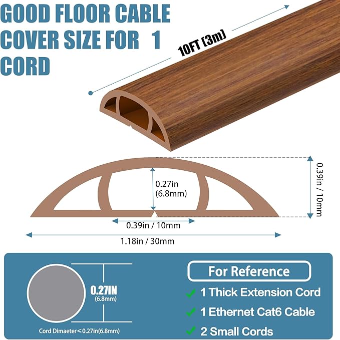 Floor Cord Covers for Wires 10FT Cable Hider Wire Cover Self Adhesive Cord Hider Floor for Offices, Homes, Workshops, Warehouses Cable Cavity 0.39" W x 0.27" H