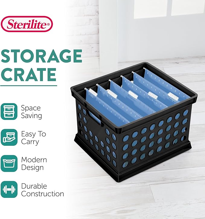 Sterilite Stackable Plastic Storage Crate Bin Organizer File Box with Handles for Home, Office, Dorm, Garage, or Utility Organization, Black, 18-Pack