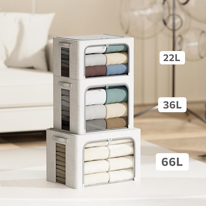 4 Pack Clothes Storage Bins with Metal Frame - 22L Stackable Storage Box with Lid，Foldable Storage Container Organizer for Clothes，Linen Fabric Storage Box with Clear Window＆Zippers＆Handles