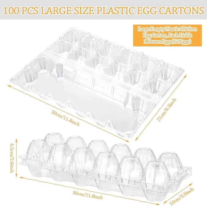 100 Pcs Plastic Egg Carton, 12 Grids Clear Chicken Egg Tray Disposable Plastic Holder Empty Container for Farm Refrigerator Fresh Storage