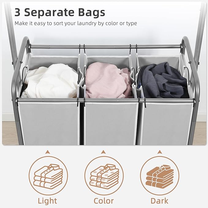 STORAGE MANIAC 136L Laundry Sorter with Hanging Bar, Portable, Removable Laundry Hamper Cart with Heavy Duty Rolling Lockable Wheels and Removable Bags, Rolling Laundry Basket Organizer, 3 Section