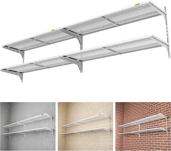 2-Pack 2 Tier 1.3x4ft Garage Shelving Wall Mounted, 520lbs Load Capacity，15.6x48inch per Shelf Height Cassette Adjustable Floating Shelves (White)