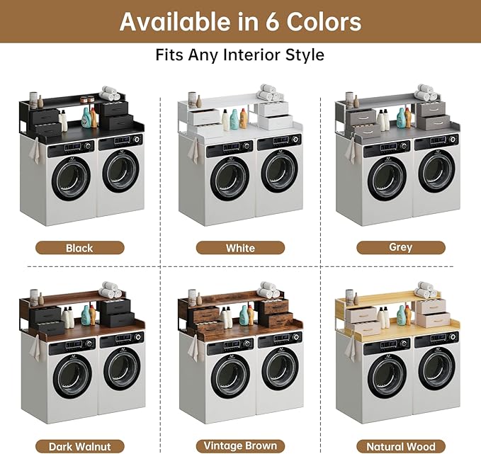 4 Drawers Washer Dryer Countertop with Shelf, 27.5" D x 54" W Laundry Topper with 3.54" High Guardrails and Non-Slip Pads,Extra Storage Organizer for Over Washer and Dryer, Holds 66 Lbs,Vintage Brown