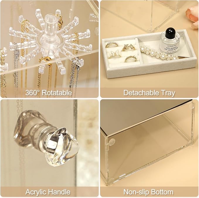 Acrylic Jewelry Organizer with Mirror - 24 Rotating Hooks, Velvet Tray for Necklaces, Rings & Earrings - Clear Necklace Holder Organizer, Rotating Jewelry Box, Elegant Necklace Jewelry Box for Women