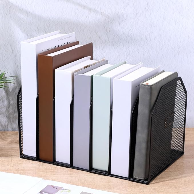 Metal Mesh File Organizer, Adjustable 7 Section Vertical Desk File Holder, Black Office Heavy-Duty Document Sorter for Books Binders, Laptops