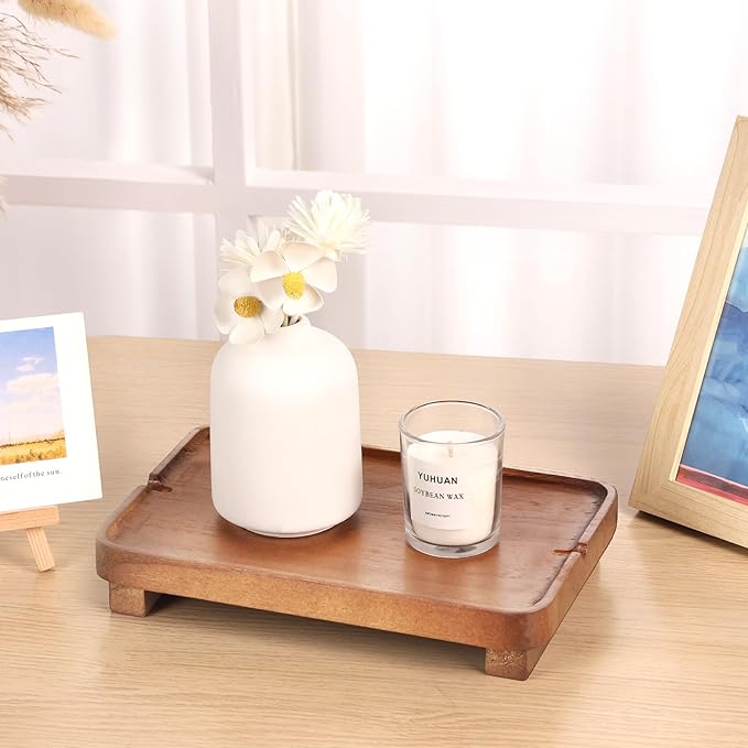 Wood Riser Small Decorative Tray Sink Soap Dish, Vanity Tray Pedestal Stand 9 x 5.9 inches (Light Brown)