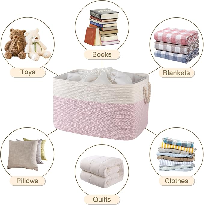 95L Extra Large Blanket Basket with Lid, 24" x 16.9" x 14.2" Woven Storage Basket for Living Room, Rectangle Nursery Blanket Storage for Toys, Towels, Dirty Clothes, Pink & White