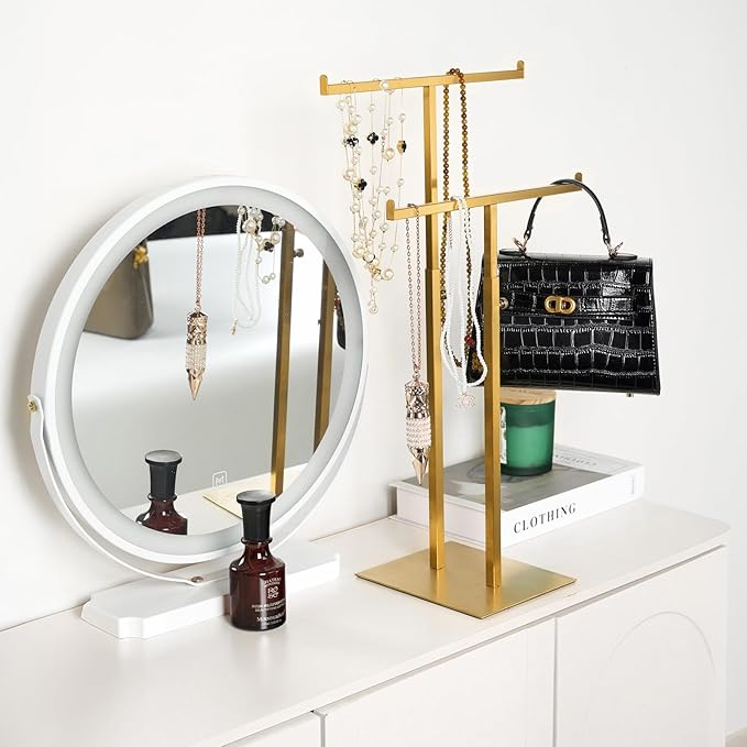 Purse Display Stand Jewelry Towers, Double T-Shaped Tabletop Stainless Steel Hook Hanging Adjustable Height Handbag Holder for Organizer Luxury Bags Necklaces Home Store Boutique Retail Closet