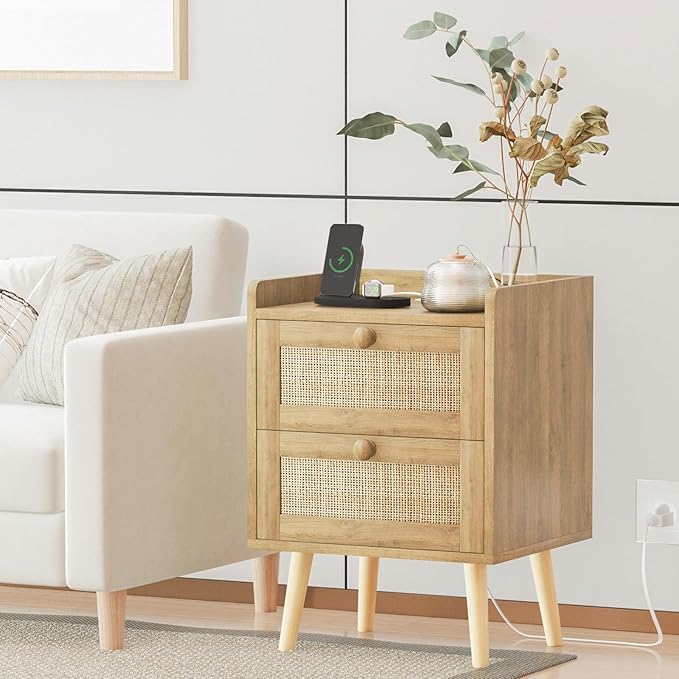 Rattan Nightstand with Charging Station Set of 2, Mid Century Modern Bedside Side Table with 2 Drawers, Boho End Table with Wood Legs for Bedroom Natural Night Stand for Living Room